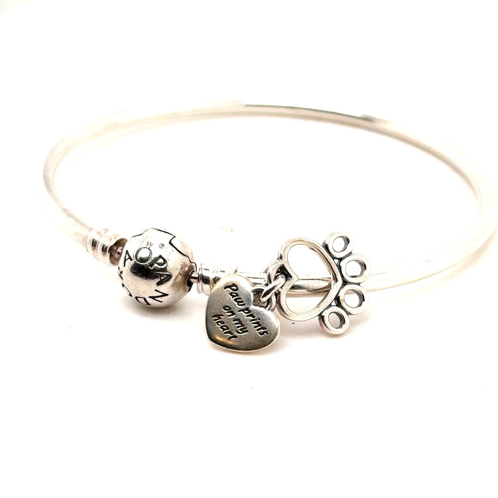 Pandora Moments Sterling Silver Paw Prints On My Heart Charm Bracelet 7.25"